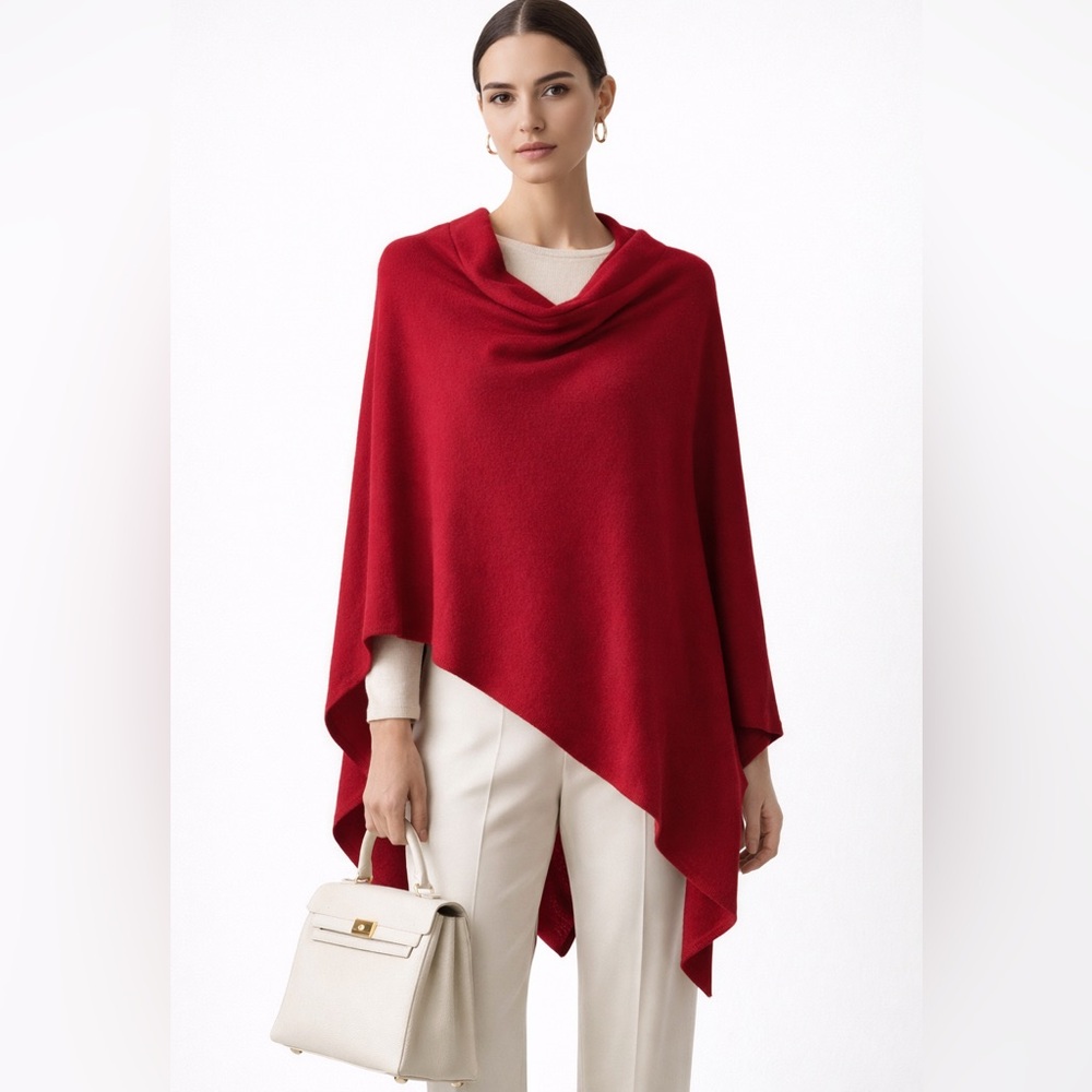 CASHMERE Red‎ Cashmere Poncho Wrap Cowl Neck Asymmetrical Hem One Size